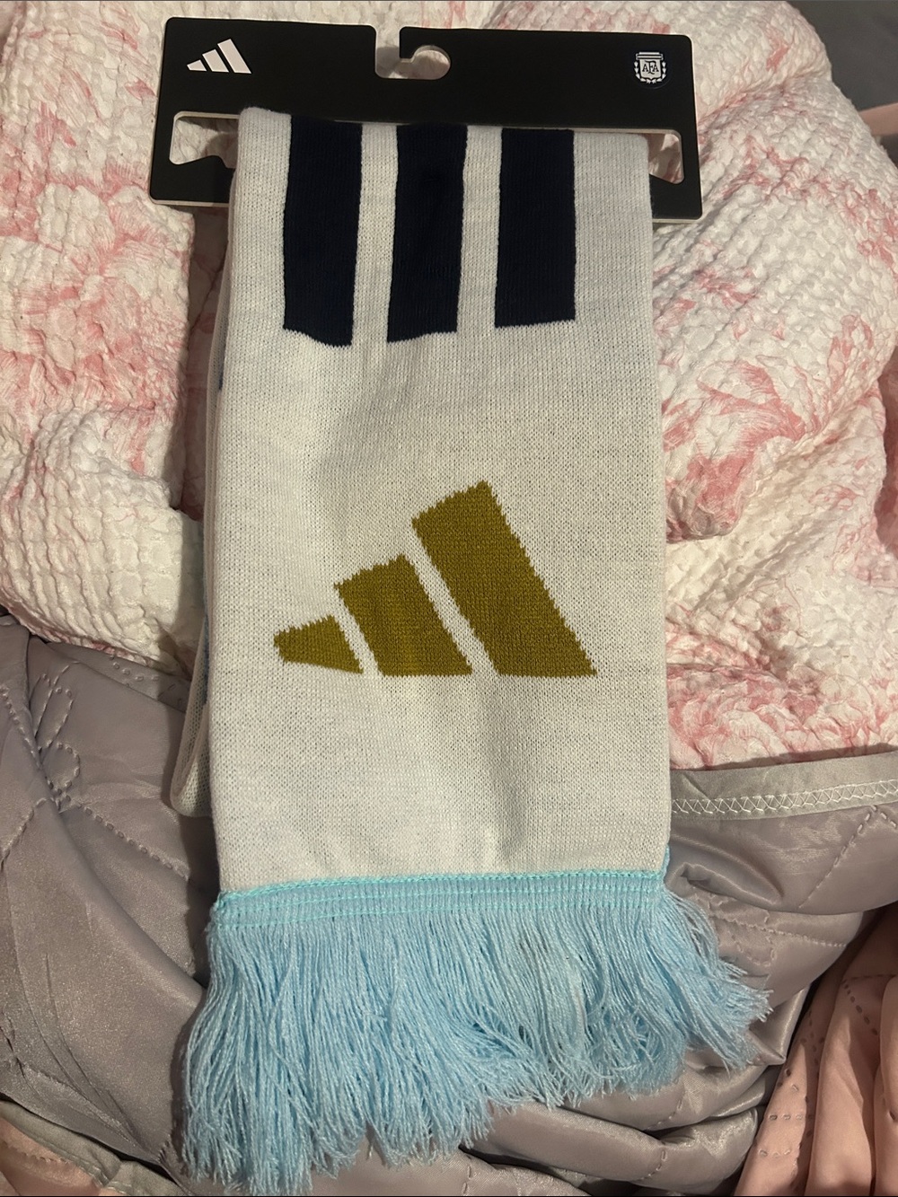 adidas White Scarf with Gold Logo and Light Blue Fringe